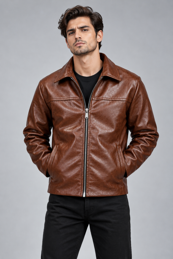 Men’s Brown Textured Leather Jacket with Shirt Collar
