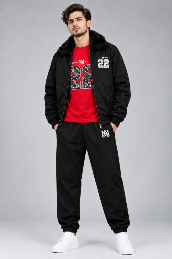 Men’s Black 3-Piece Tracksuit Set with  Jacket and Red Graphic T-Shirt